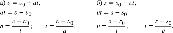 Изображение 10. а) Из формулы скорости равноускоренного движения v=v_0+at, где v_0-начальная скорость, a-ускорение, t-время движения, выразите a и t.б) Из формулы пути...