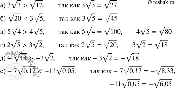 Изображение 414. Сравните значения выражений:а) 3 корень 3 и корень 12; б) корень 20 и 3 корень 5; в) 5 корень 4 и 4 корень 5; г) 2 корень 5 и 3 корень 2; д) - 14 корень и...