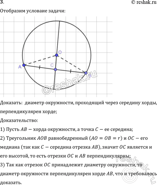 Изображение 3. Докажите, что диаметр окружности, проходящий через середину хорды, перпендикулярен хорде.Доказать:  диаметр окружности, проходящий через середину хорды,...