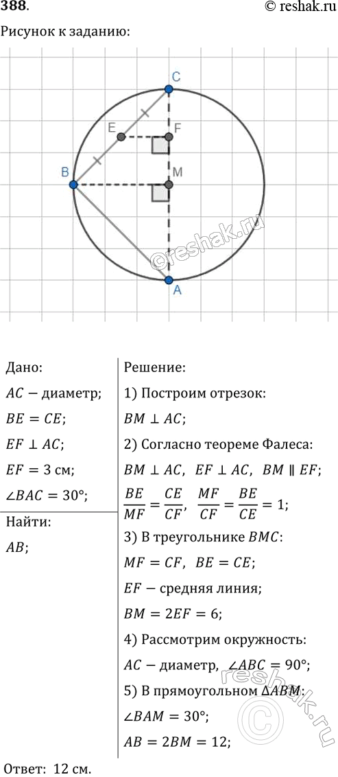 Изображение 388. Расстояние от середины хорды ВС до диаметра АС равно 3 см, угол BAC = 30°. Найдите хорду...