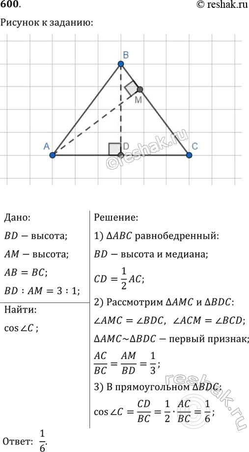 Изображение 600. В треугольнике АВС известно, что АВ = ВС, BD и АМ — высоты треугольника, BD : АМ =3:1. Найдите cos(С)....