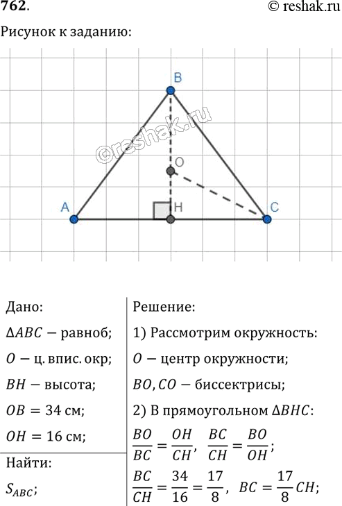 Изображение 762. Центр окружности, вписанной в равнобедренный треугольник, делит его высоту, проведённую к основанию, на отрезки, длины которых равны 34 см и 16 см. Найдите площадь...