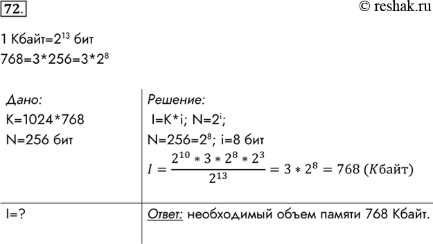 Изображение 72.	Вычислите необходимый объём видеопамяти для графического режима, если разрешение экрана монитора 1024 x 768, а количество цветов в палитре 256.1 Kбайт=213...