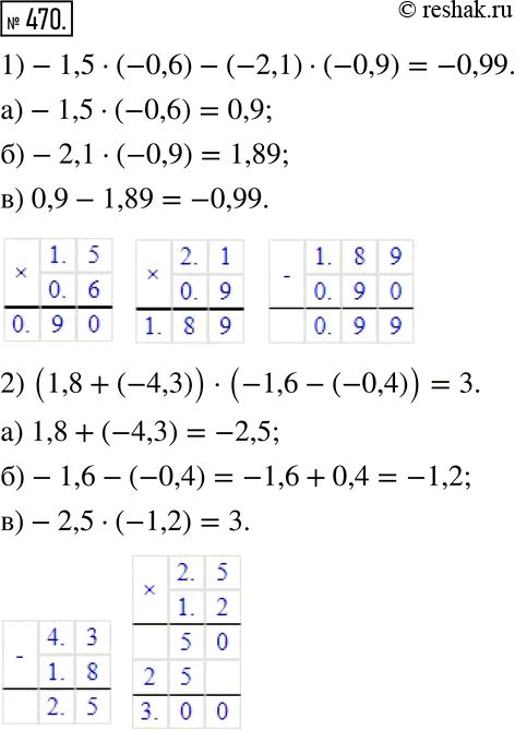 Изображение 470. Составьте числовое выражение и найдите его значение:1) разность произведений чисел -1,5 и -0,6 и чисел -2,1 и -0,9;2) произведение суммы чисел 1,8 и -4,3 и...