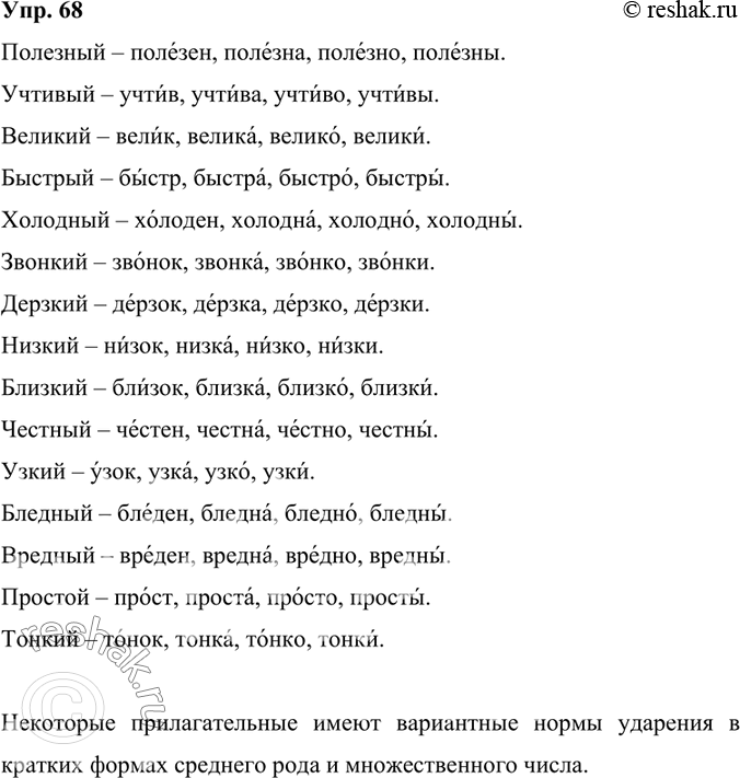 Изображение 68. Образуйте все формы кратких прилагательных, обозначьте в них ударение. В каких случаях возможны варианты постановки ударения? В случае затруднений обращайтесь к...