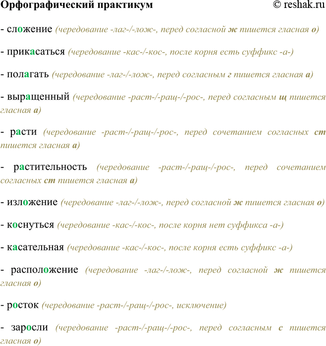 Изображение Орфографический практикум Сл..жение, прик..саться, пол..гать, выр..щенный, р..сти, р..стительность, изл..жение, к..снуться, к..сательная, распол..жение, р..сток,...