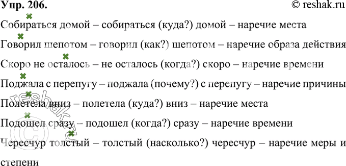 Изображение 206 Прочитайте предложения. Выпишите наречия вместе со словами к которым они относятся. Определите разряд наречия по значению. Образец: очень яркий яркий (в какой...