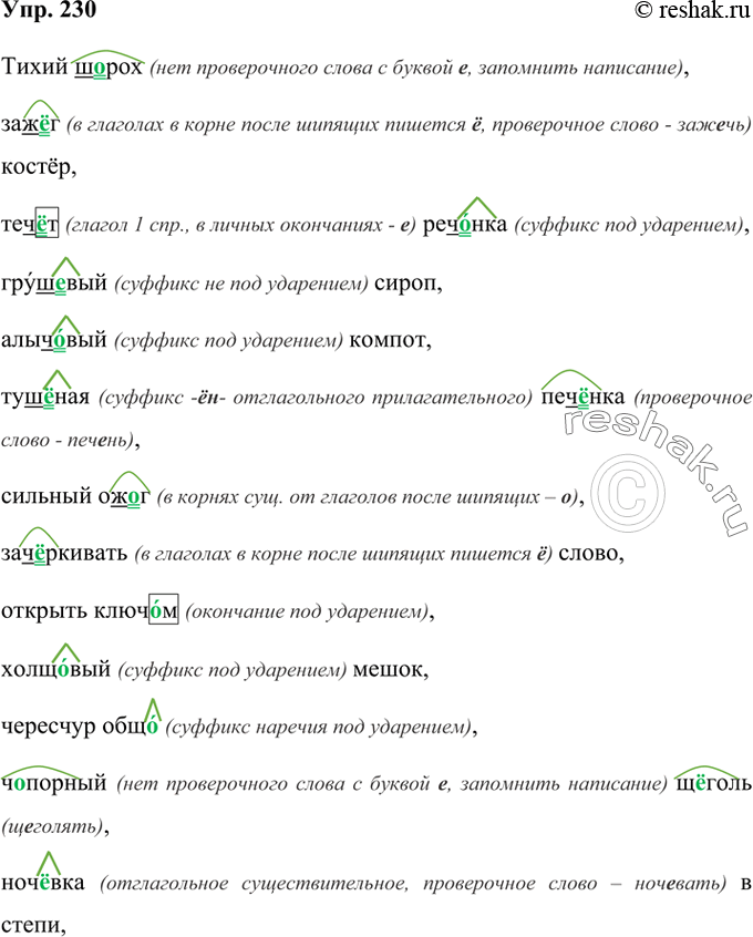 Изображение 230 Прочитайте словосочетания, объясняя написание буквы о или ё (е) после шипящих.Тихий ш..рох, заж..г костёр, теч..т реч..нка, груш..вый сироп, алыч..вый компот,...